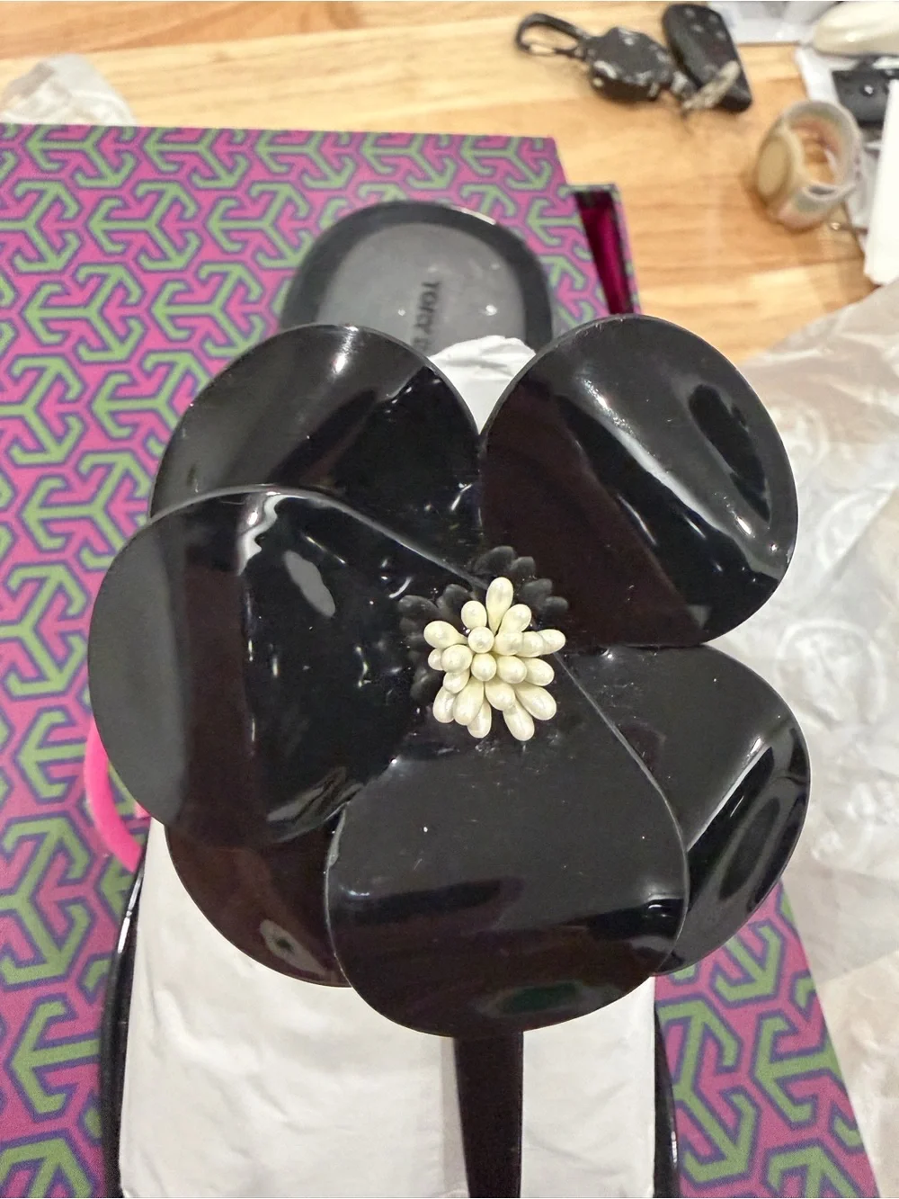 Tory Burch Black Floral Jelly Sandals with Ivory Center